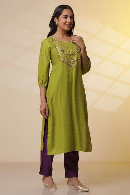 Green-Zari-Embroidered-Kurta,-Purple-Palazzo-and-Dupatta-Set