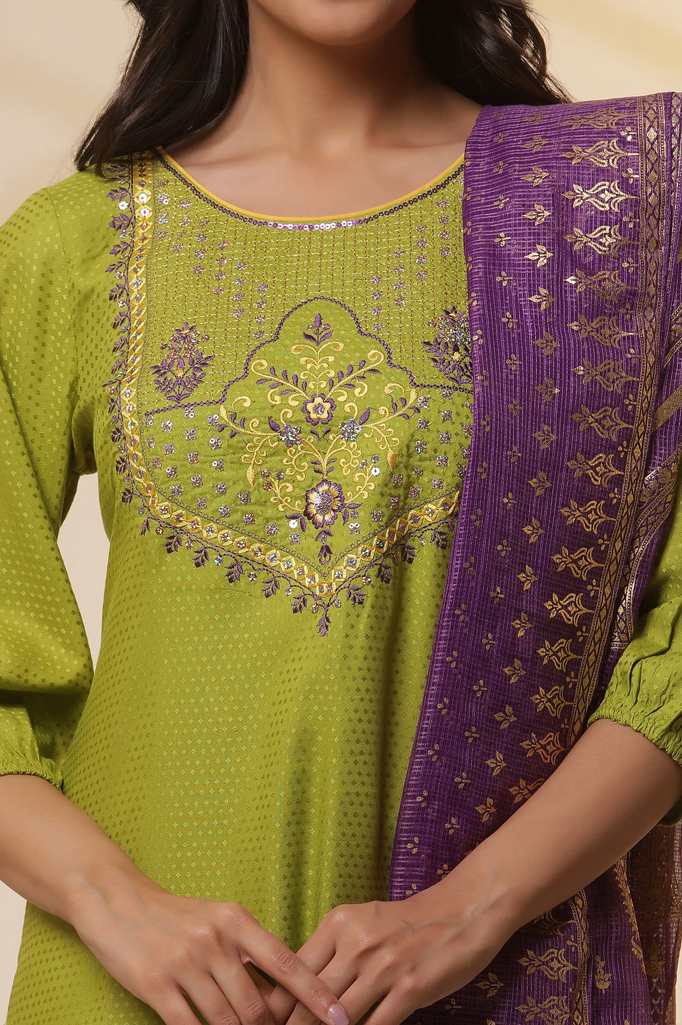 Green-Zari-Embroidered-Kurta,-Purple-Palazzo-and-Dupatta-Set