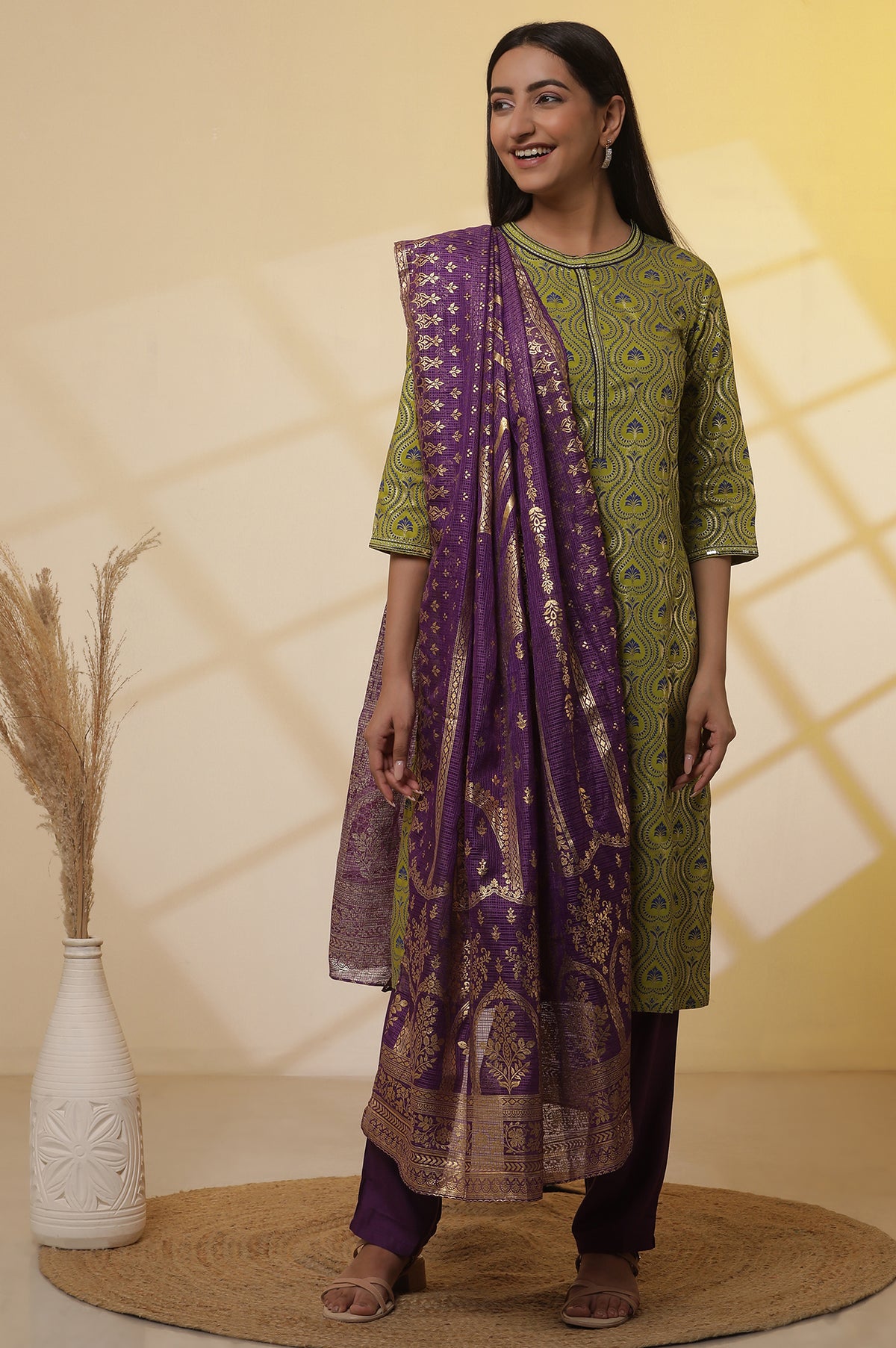 Green Floral Printed Embroidered Kurta, Purple Palazzo and Dupatta Set - S