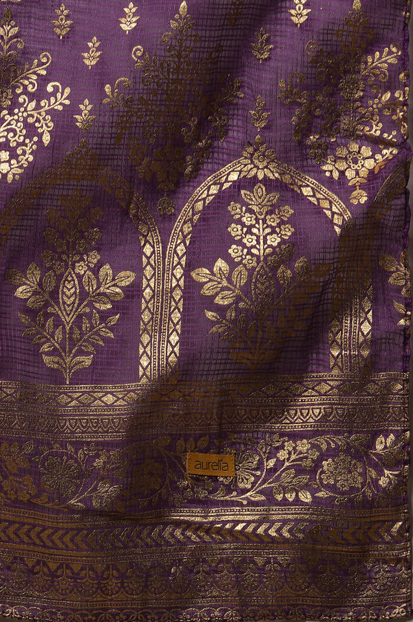 Green Floral Printed Embroidered Kurta, Purple Palazzo and Dupatta Set