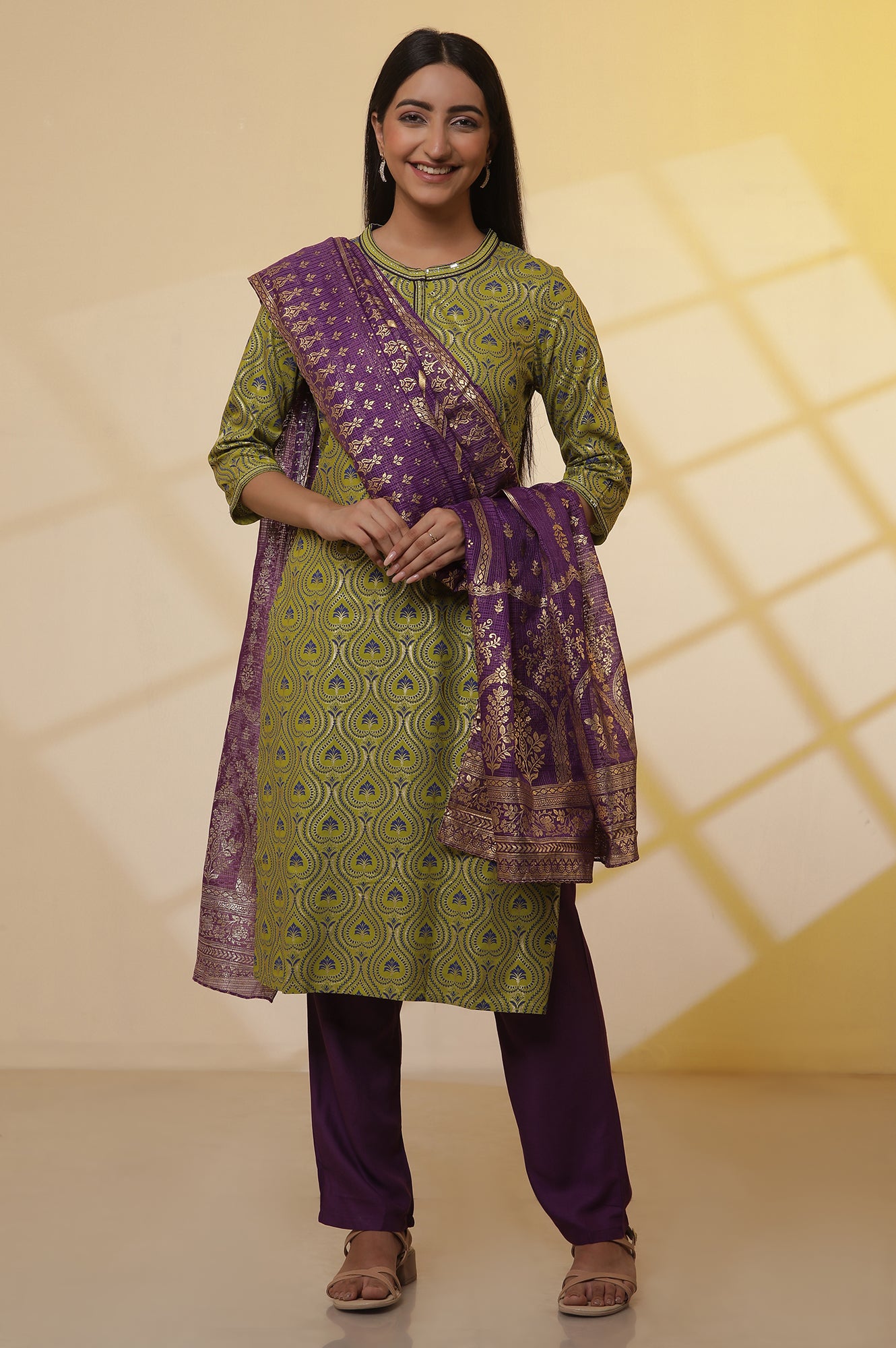 Green-Floral-Printed-Embroidered-Kurta,-Purple-Palazzo-and-Dupatta-Set