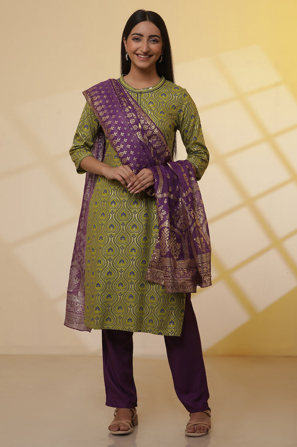 Green Floral Printed Embroidered Kurta, Purple Palazzo and Dupatta Set
