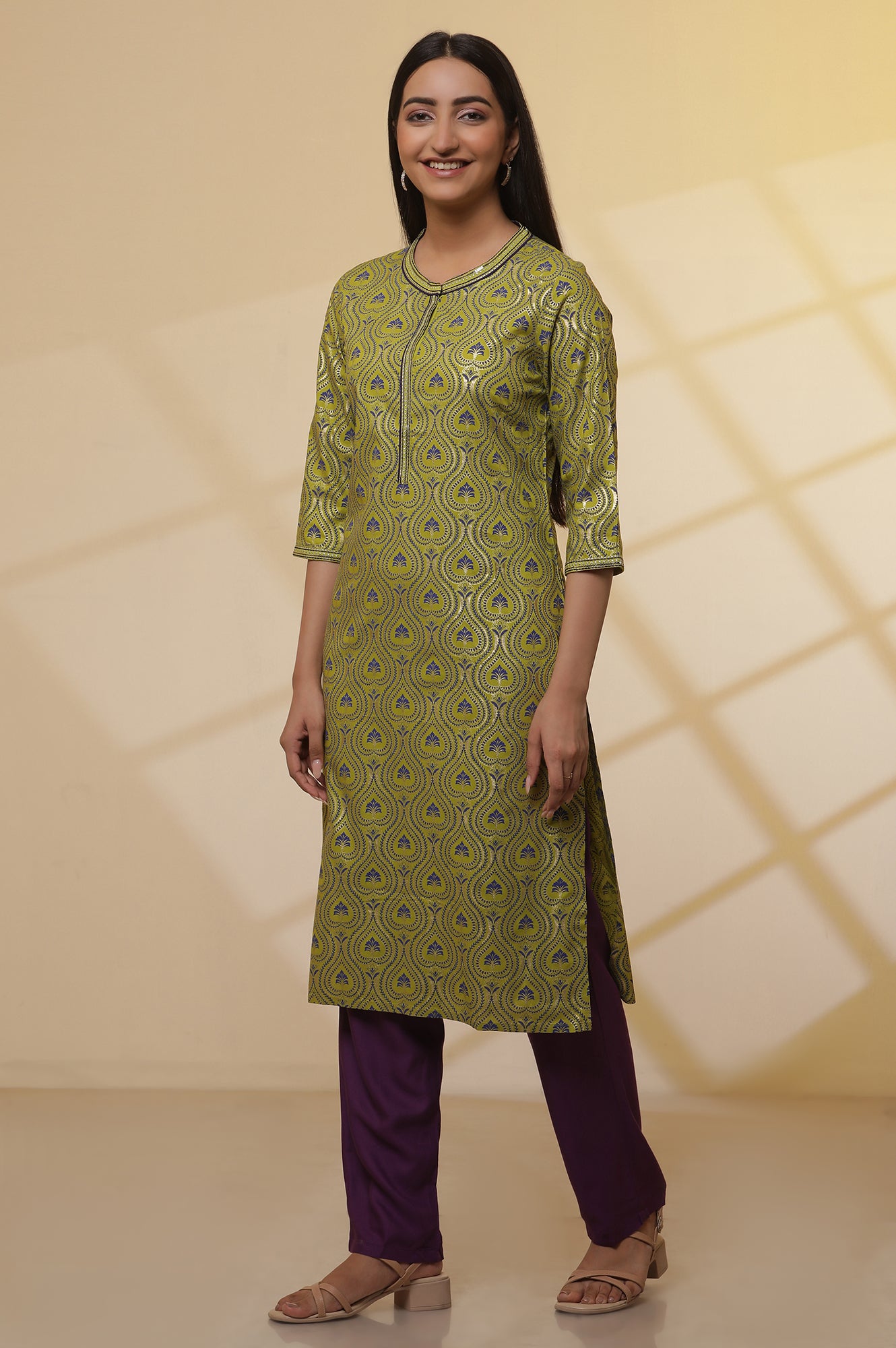 Green-Floral-Printed-Embroidered-Kurta,-Purple-Palazzo-and-Dupatta-Set