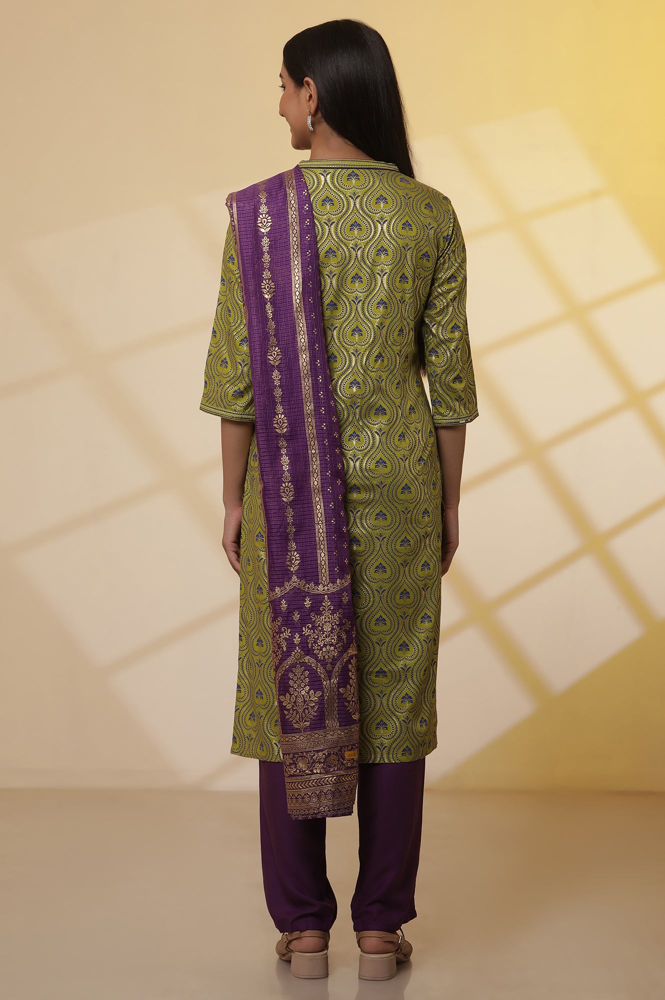 Green-Floral-Printed-Embroidered-Kurta,-Purple-Palazzo-and-Dupatta-Set