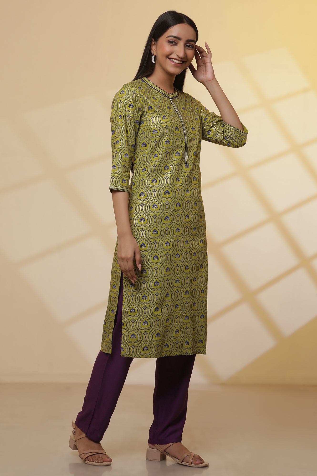 Green-Floral-Printed-Embroidered-Kurta,-Purple-Palazzo-and-Dupatta-Set