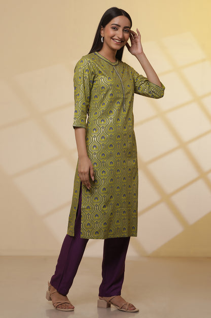 Green-Floral-Printed-Embroidered-Kurta,-Purple-Palazzo-and-Dupatta-Set