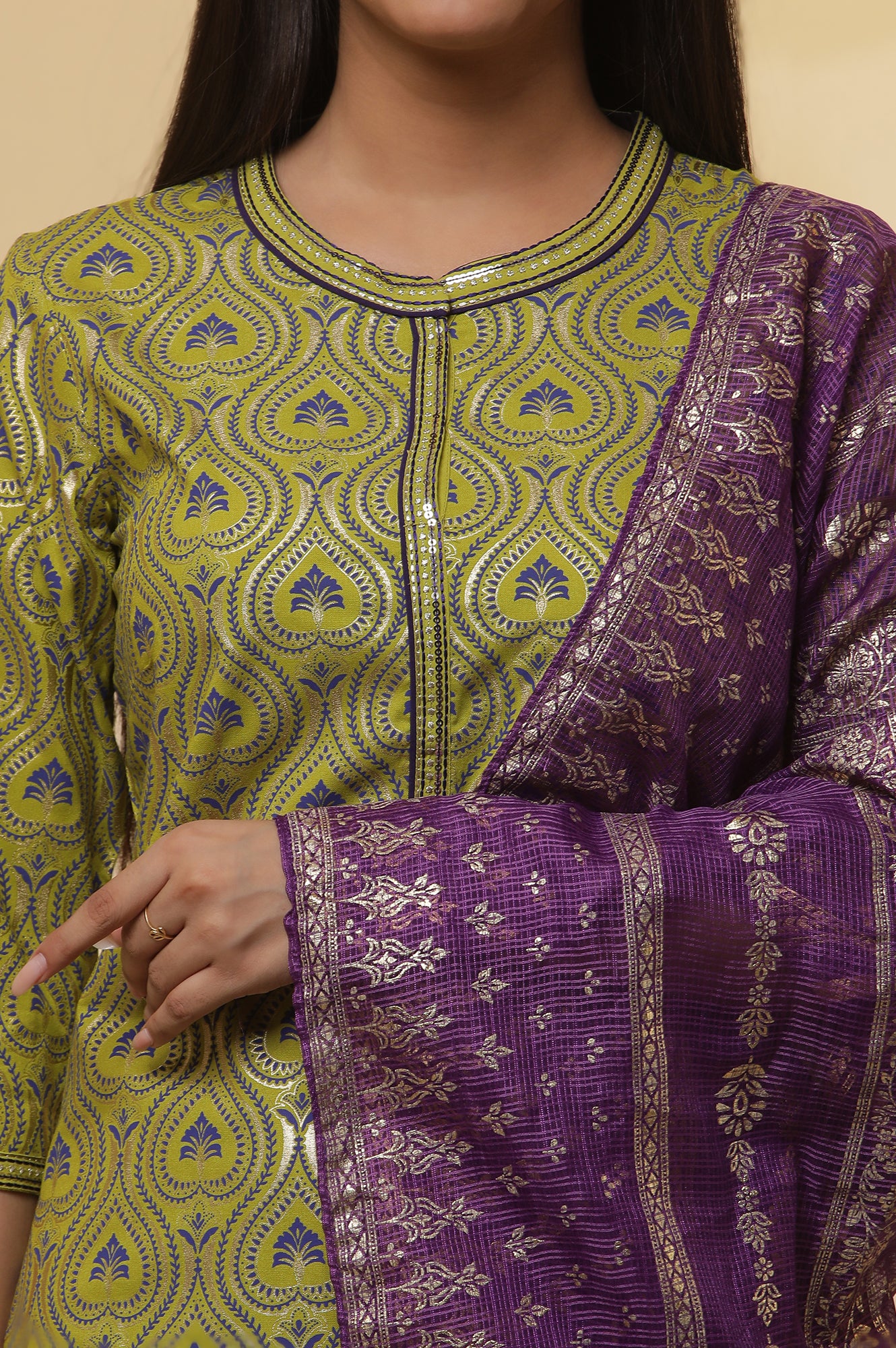 Green-Floral-Printed-Embroidered-Kurta,-Purple-Palazzo-and-Dupatta-Set