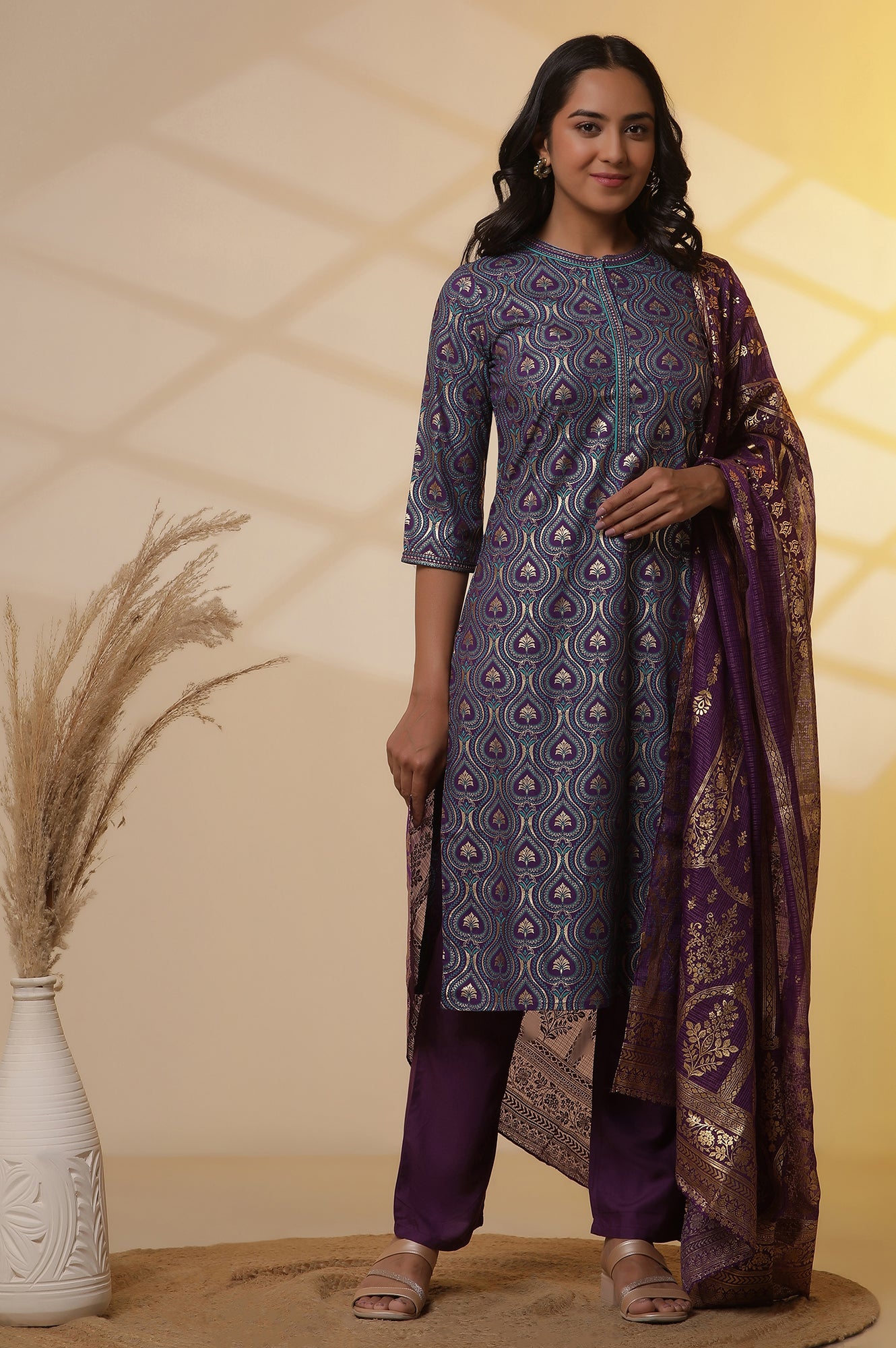 Purple-Floral-Printed-Embroidered-Kurta,-Palazzo-and-Dupatta-Set