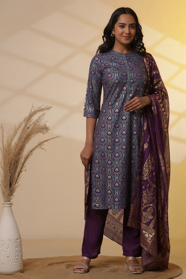 Purple Floral Printed Embroidered Kurta, Palazzo and Dupatta Set