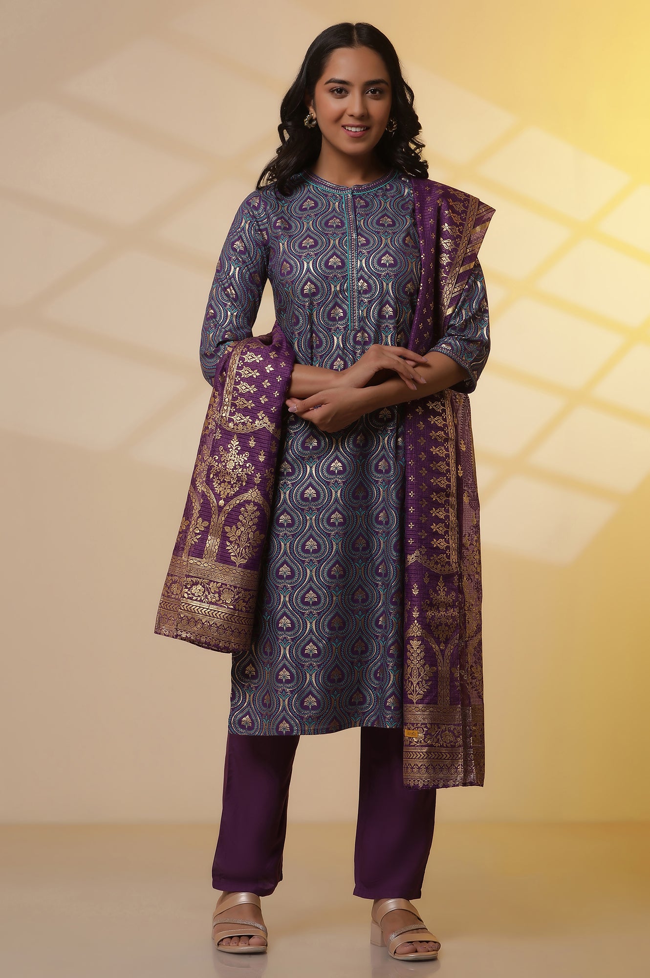 Purple-Floral-Printed-Embroidered-Kurta,-Palazzo-and-Dupatta-Set