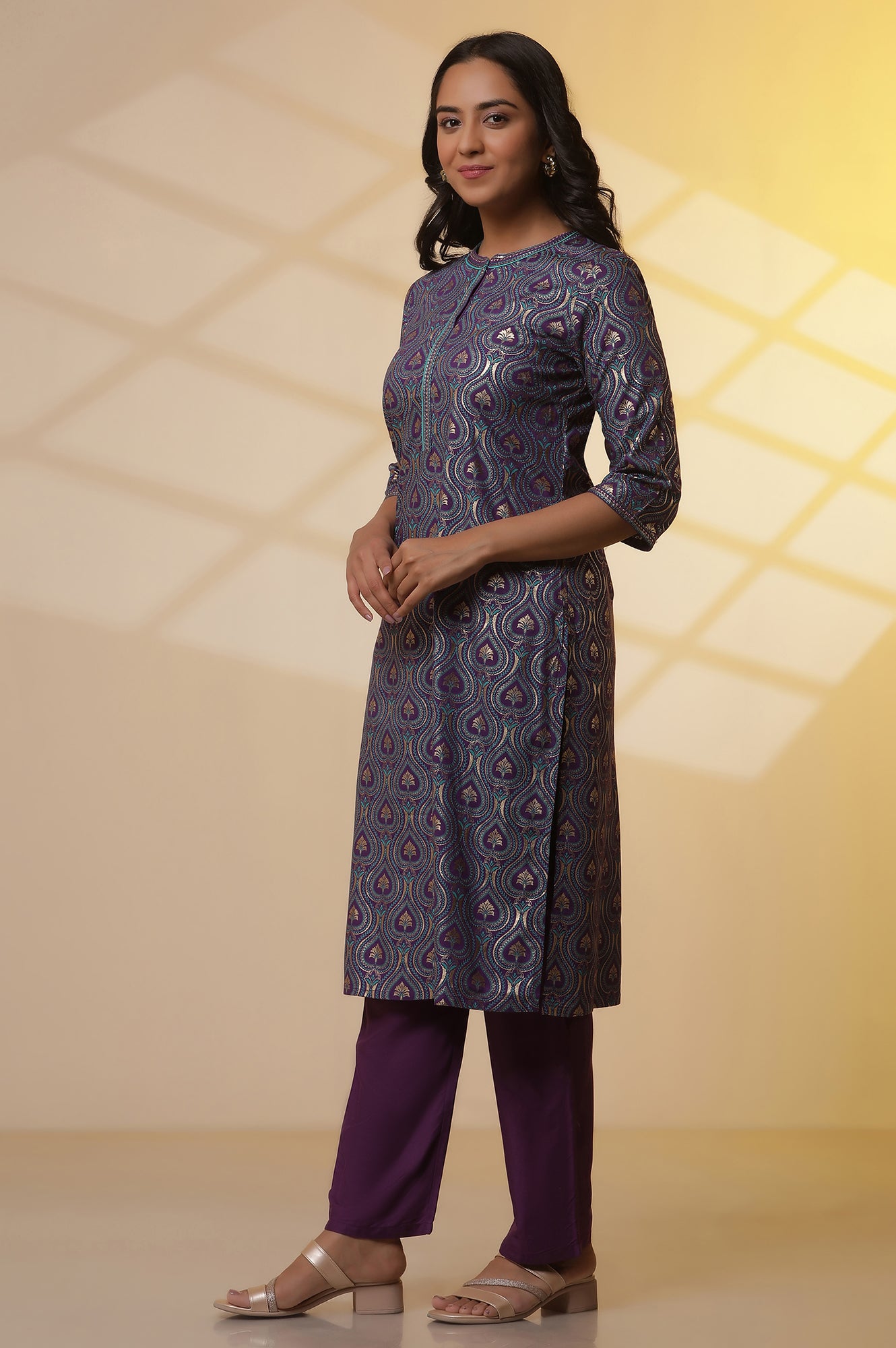 Purple-Floral-Printed-Embroidered-Kurta,-Palazzo-and-Dupatta-Set