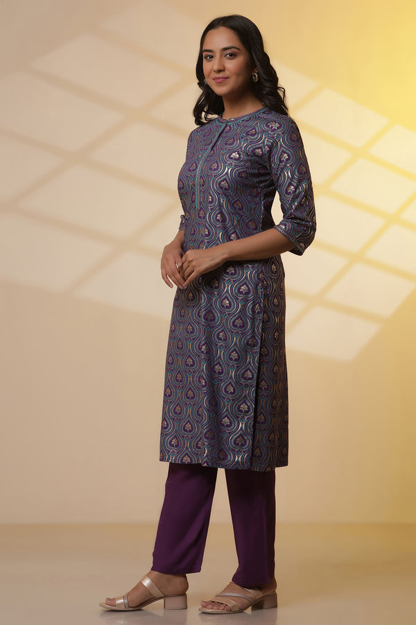 Purple Floral Printed Embroidered Kurta, Palazzo and Dupatta Set