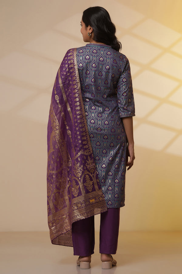 Purple Floral Printed Embroidered Kurta, Palazzo and Dupatta Set
