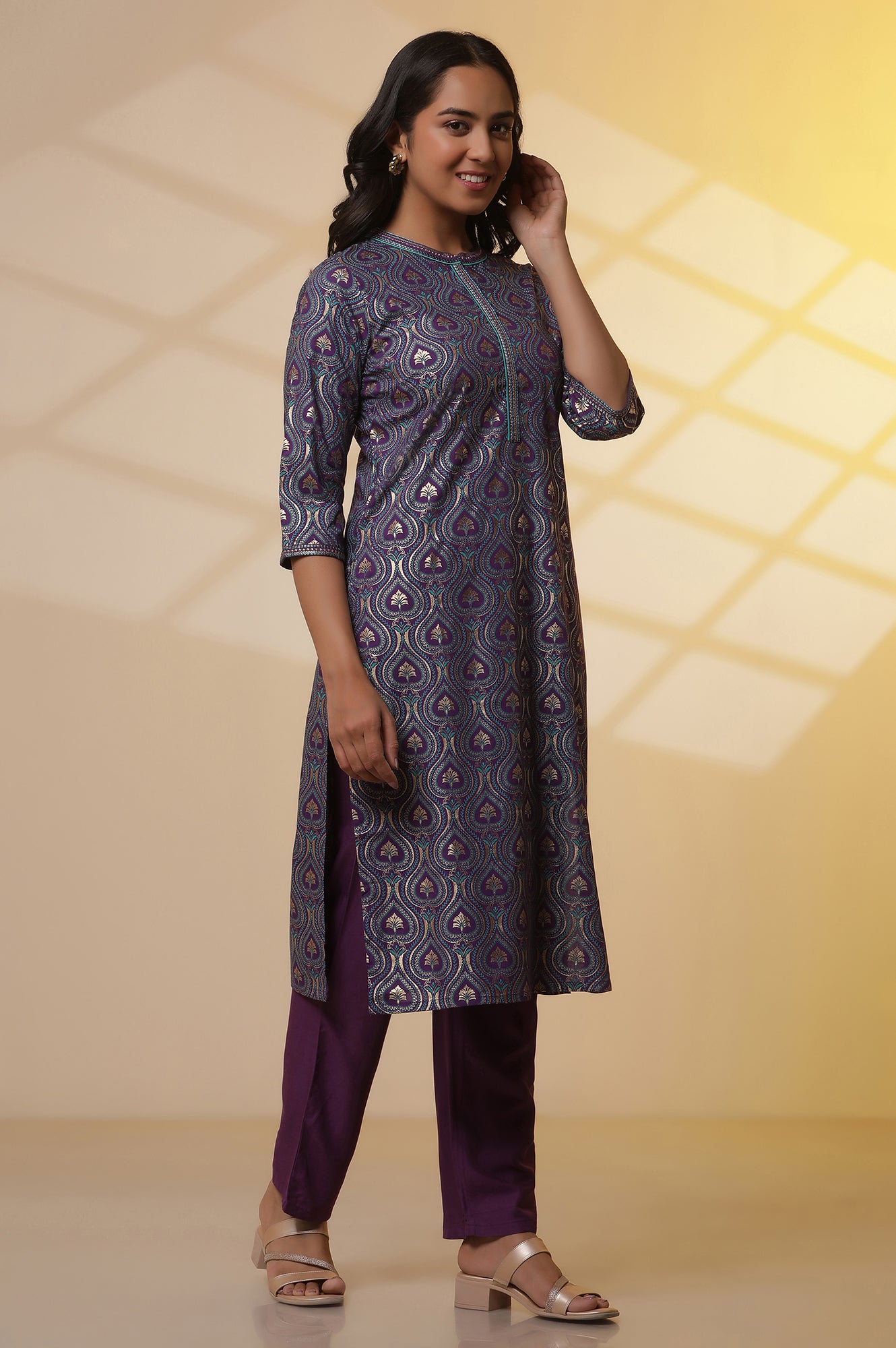 Purple-Floral-Printed-Embroidered-Kurta,-Palazzo-and-Dupatta-Set