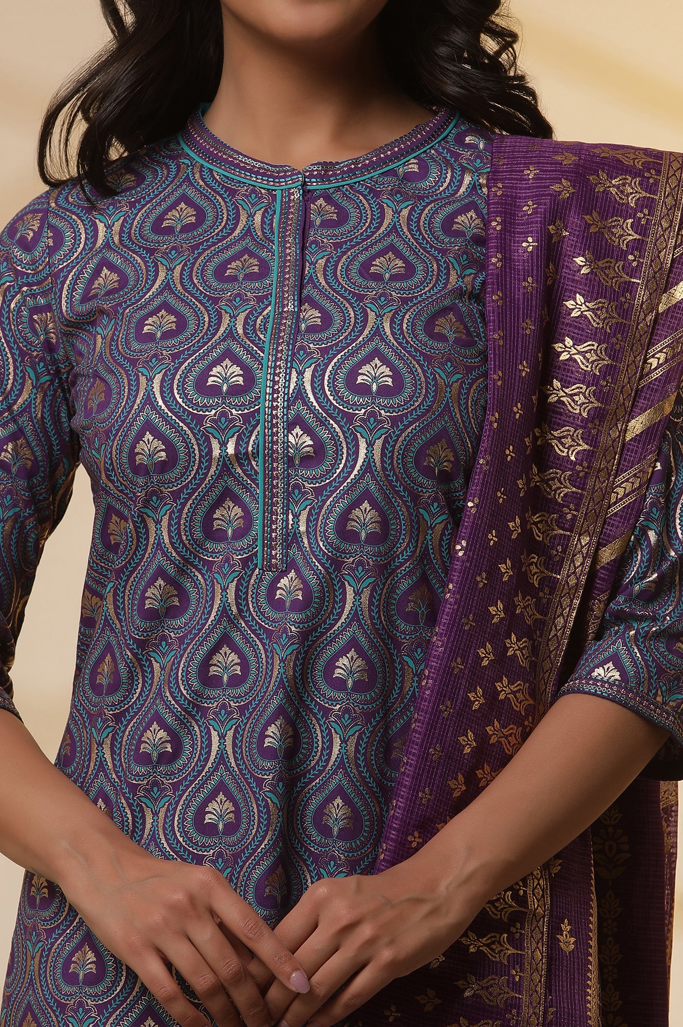 Purple-Floral-Printed-Embroidered-Kurta,-Palazzo-and-Dupatta-Set