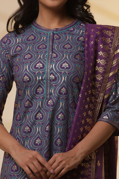 Purple Floral Printed Embroidered Kurta, Palazzo and Dupatta Set