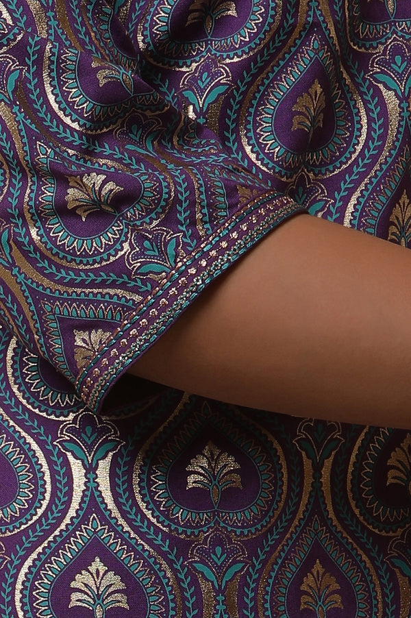 Purple Floral Printed Embroidered Kurta, Palazzo and Dupatta Set
