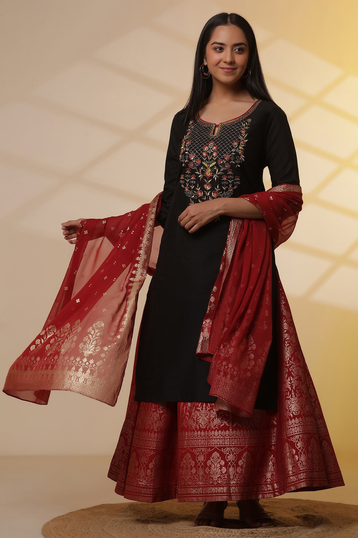 Black Zari Embroidered Straight Kurta, Red Printed Skirt and Dupatta Set - XS