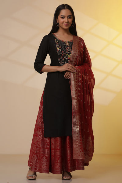Black Zari Embroidered Straight Kurta, Red Printed Skirt and Dupatta Set