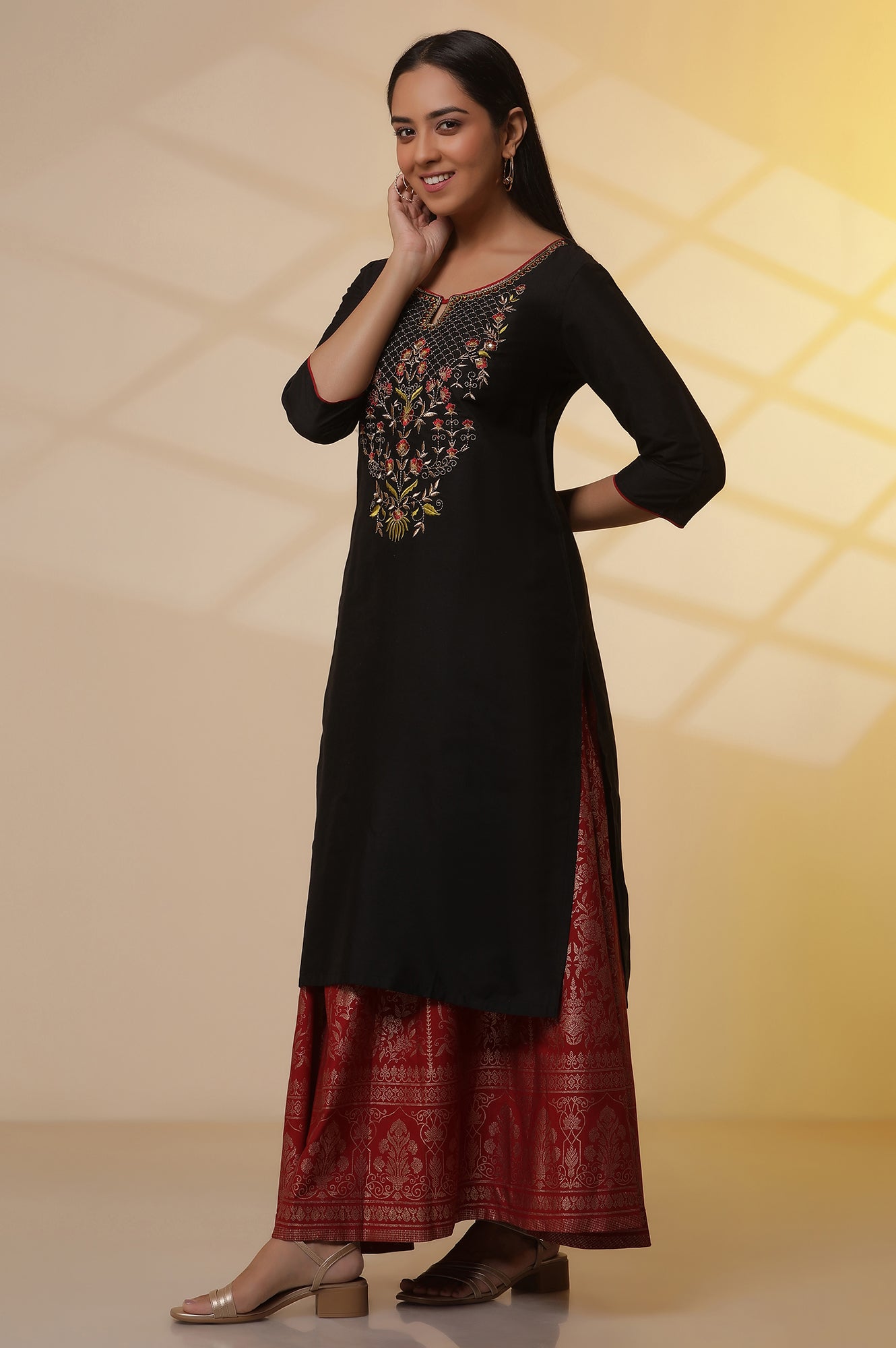 Black-Zari-Embroidered-Straight-Kurta,-Red-Printed-Skirt-and-Dupatta-Set