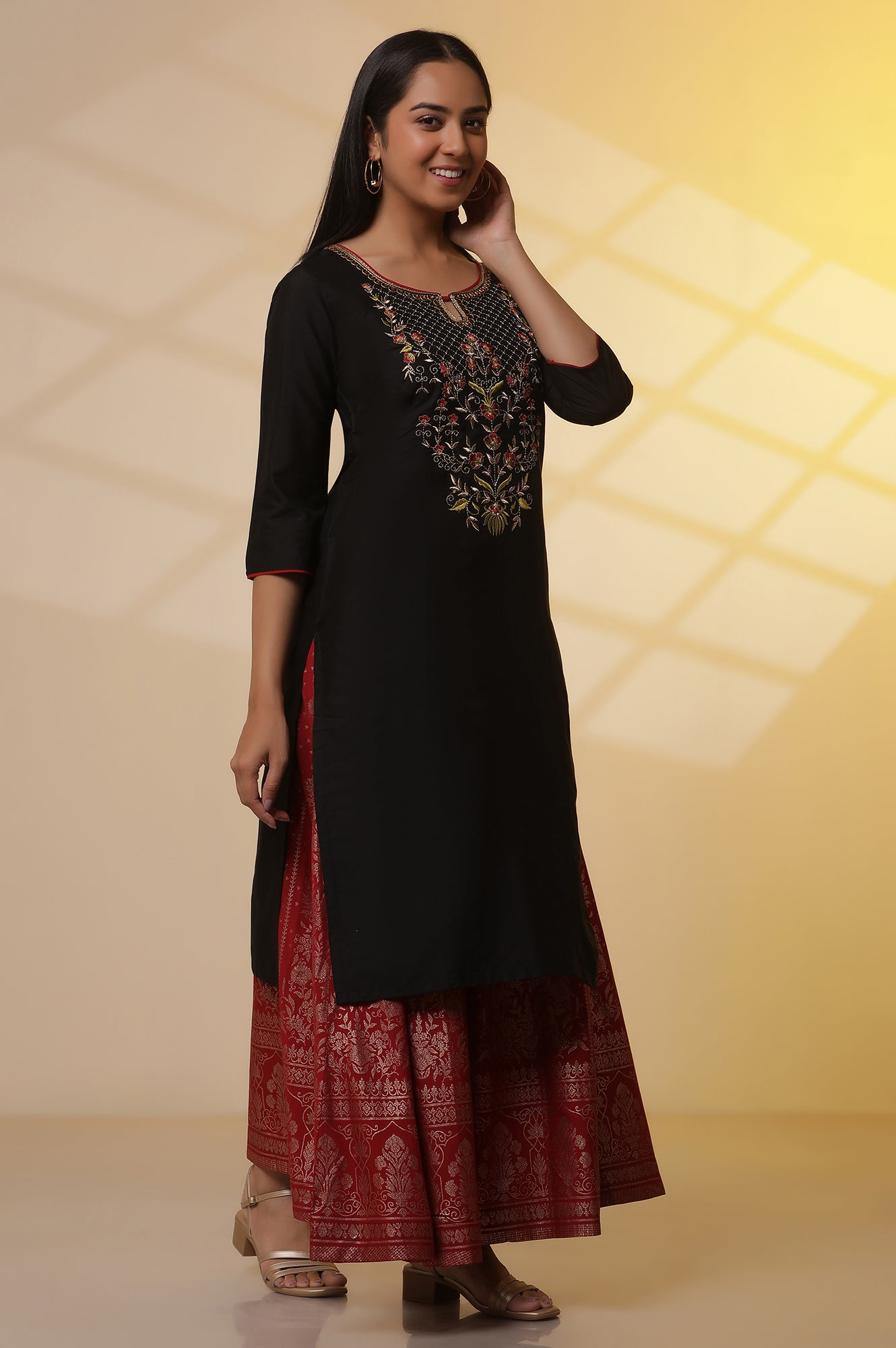 Black-Zari-Embroidered-Straight-Kurta,-Red-Printed-Skirt-and-Dupatta-Set