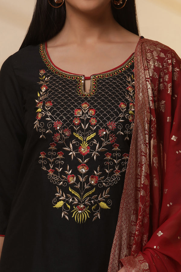 Black Zari Embroidered Straight Kurta, Red Printed Skirt and Dupatta Set