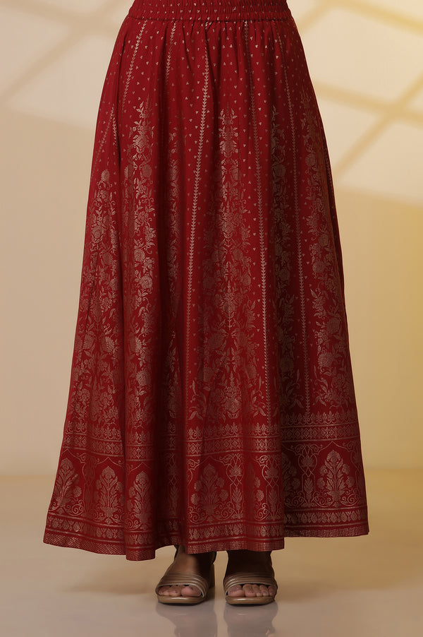 Black Zari Embroidered Straight Kurta, Red Printed Skirt and Dupatta Set