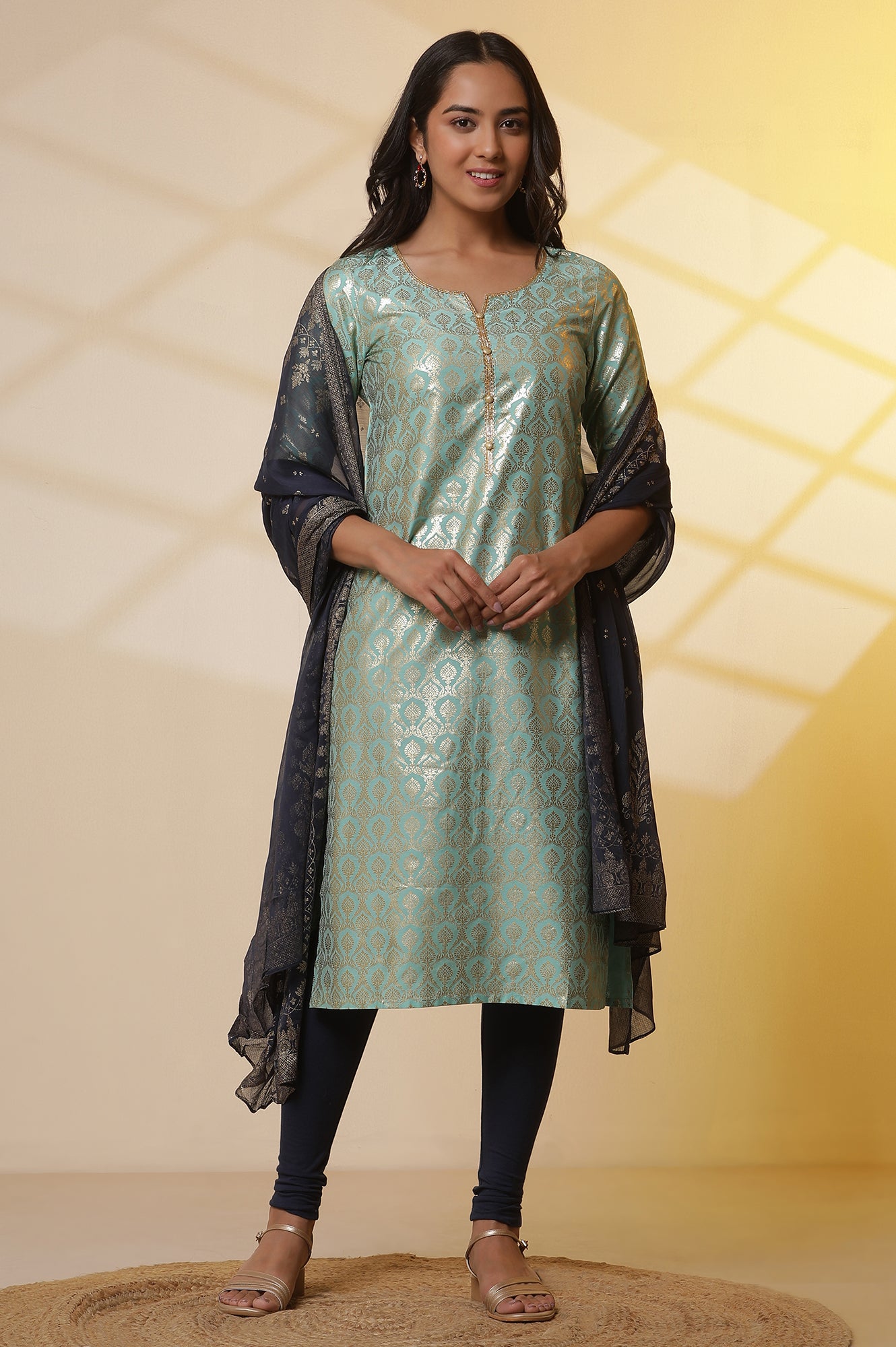 Green-Foil-Printed-Embellished-Kurta,-Blue-Cotton-Tights-and-Dupatta-Set