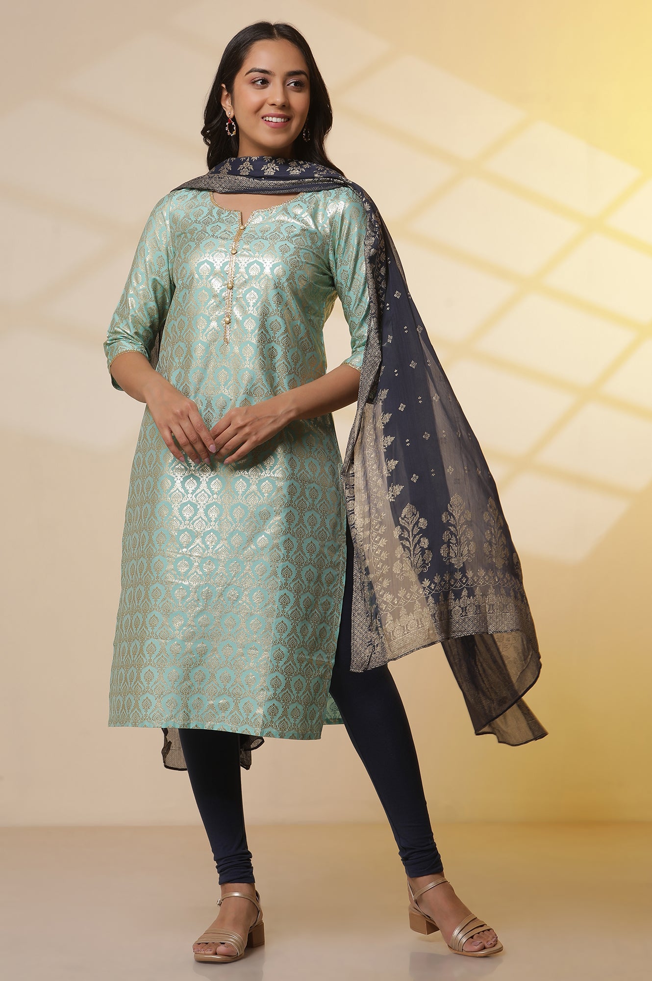 Green-Foil-Printed-Embellished-Kurta,-Blue-Cotton-Tights-and-Dupatta-Set