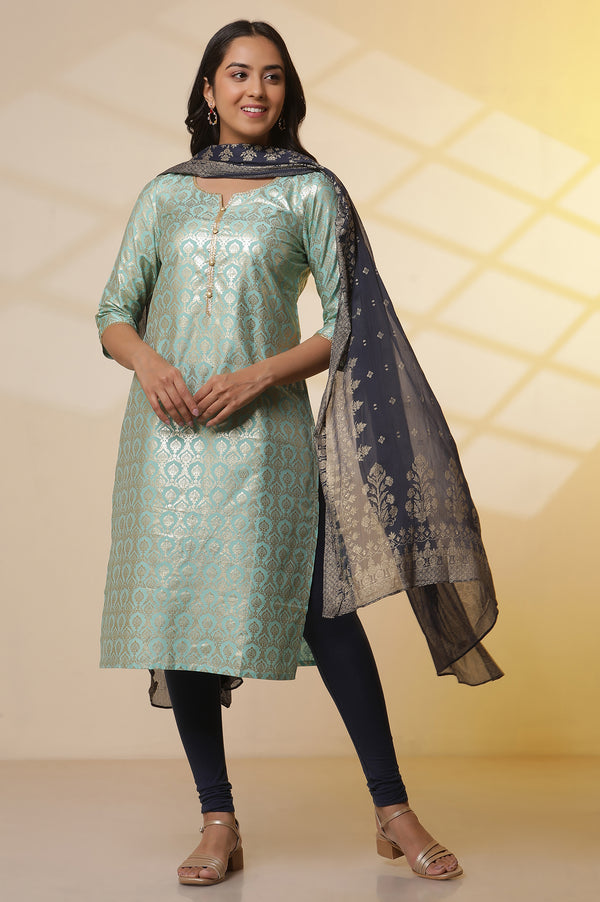 Green Foil Printed Embellished Kurta, Blue Cotton Tights and Dupatta Set