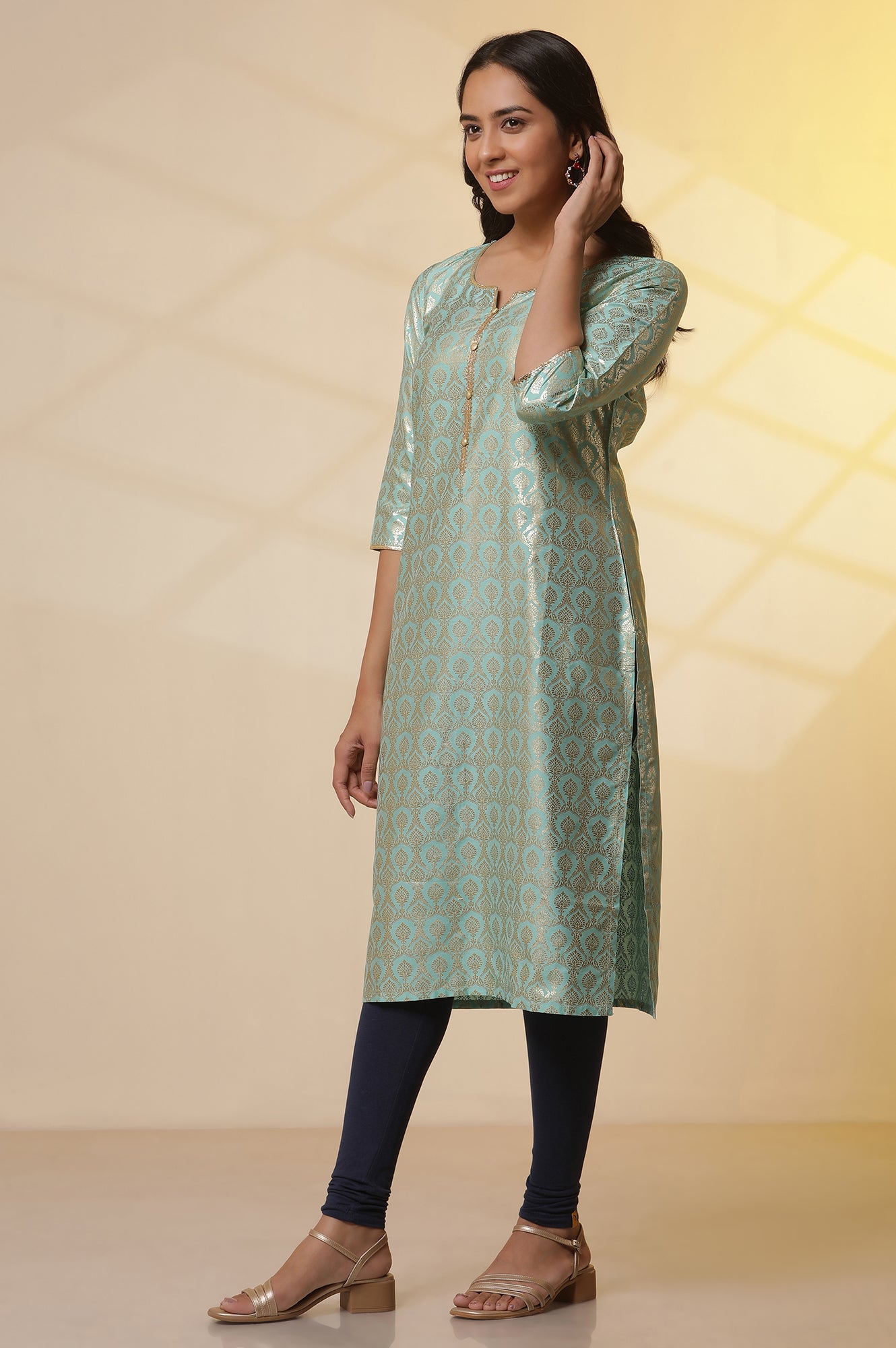 Green-Foil-Printed-Embellished-Kurta,-Blue-Cotton-Tights-and-Dupatta-Set