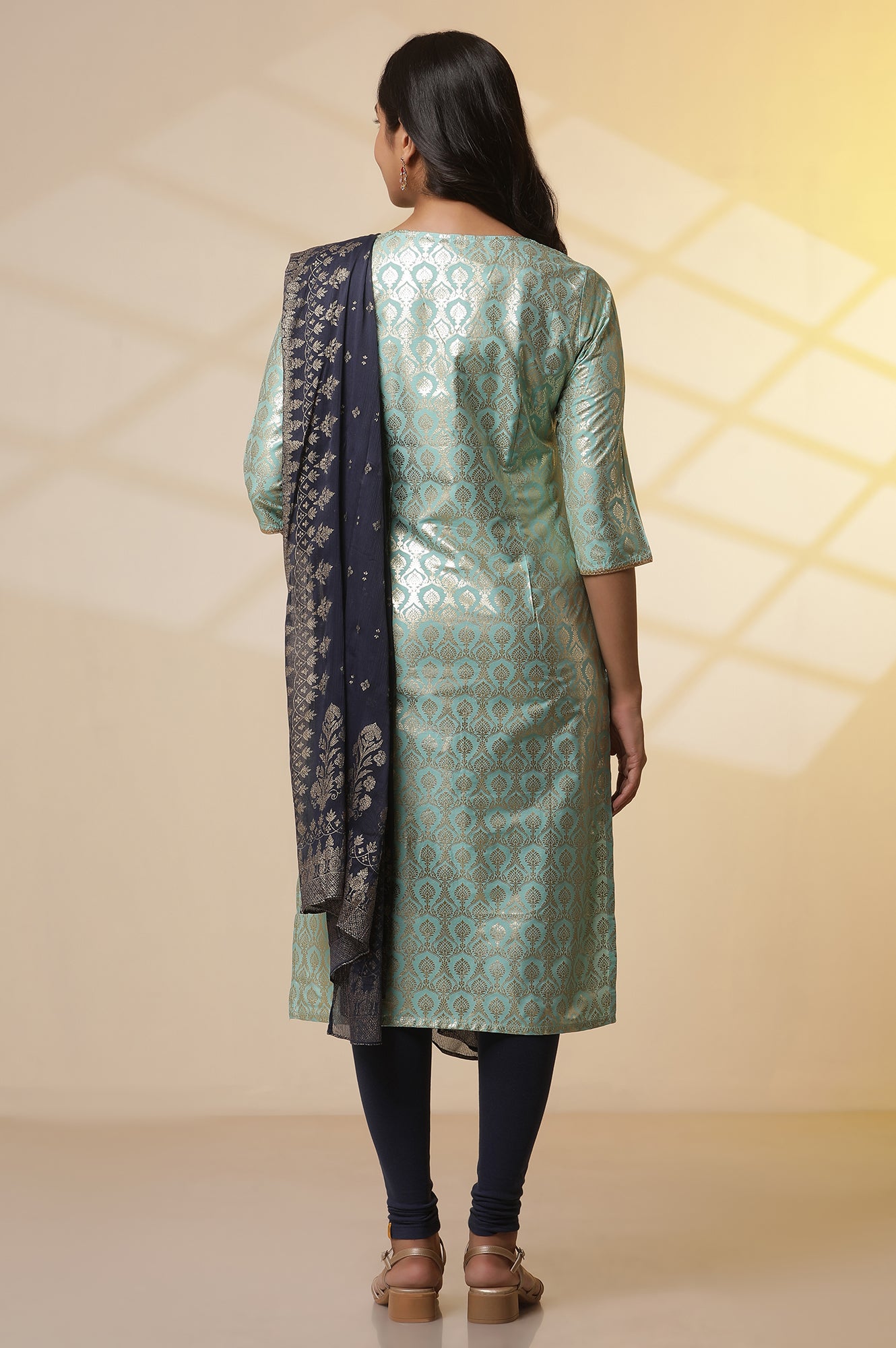 Green-Foil-Printed-Embellished-Kurta,-Blue-Cotton-Tights-and-Dupatta-Set