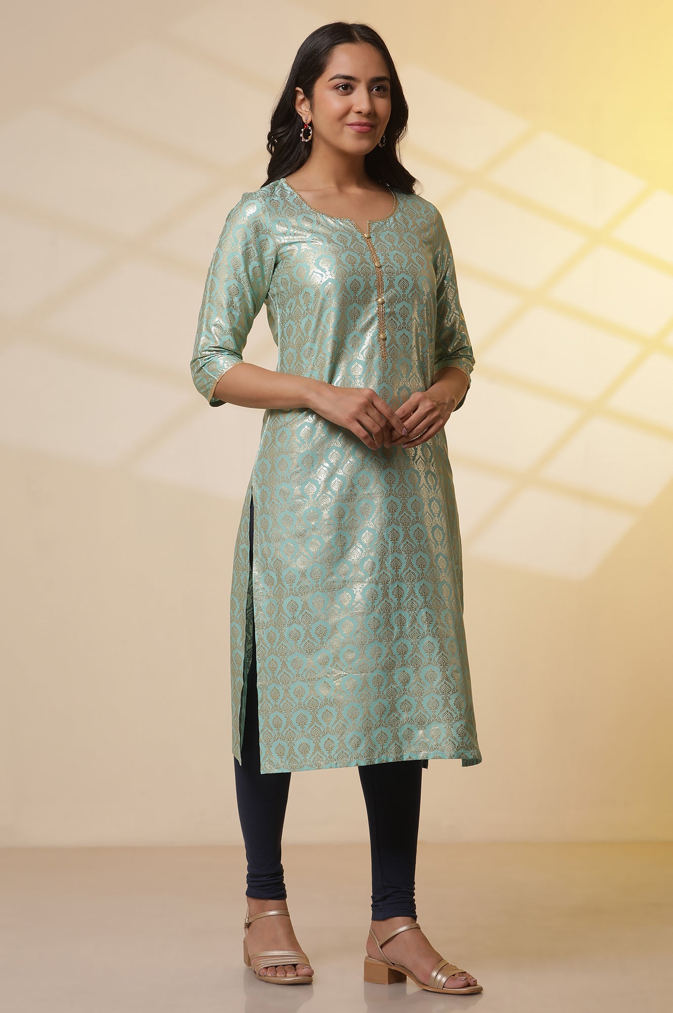 Green-Foil-Printed-Embellished-Kurta,-Blue-Cotton-Tights-and-Dupatta-Set