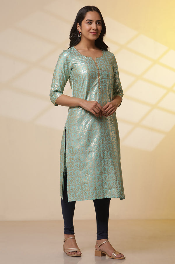 Green Foil Printed Embellished Kurta, Blue Cotton Tights and Dupatta Set