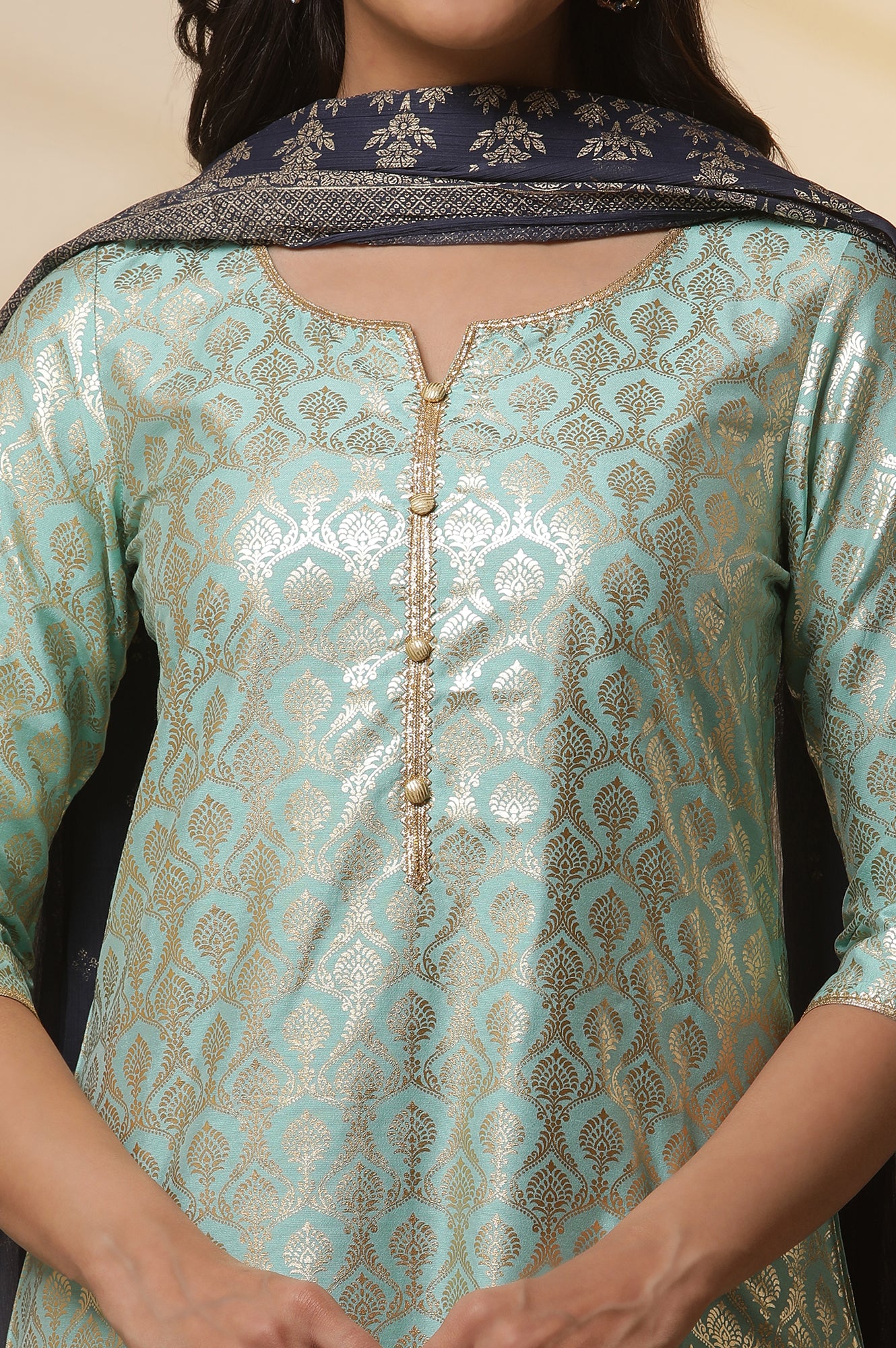 Green-Foil-Printed-Embellished-Kurta,-Blue-Cotton-Tights-and-Dupatta-Set