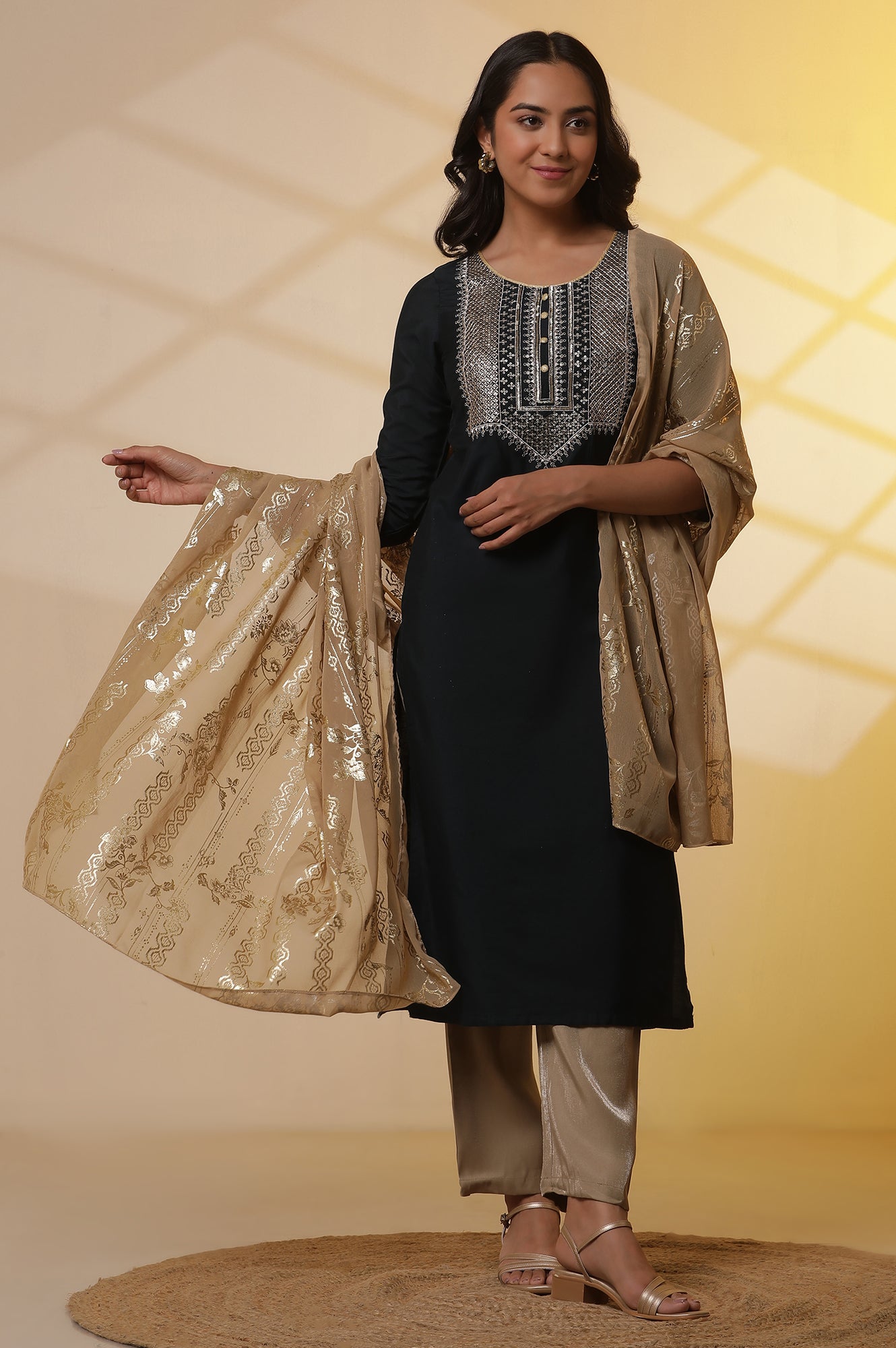 Navy-Blue-Embroidered-Yoke-Kurta,-Gold-Narrow-Palazzo-and-Dupatta-Set