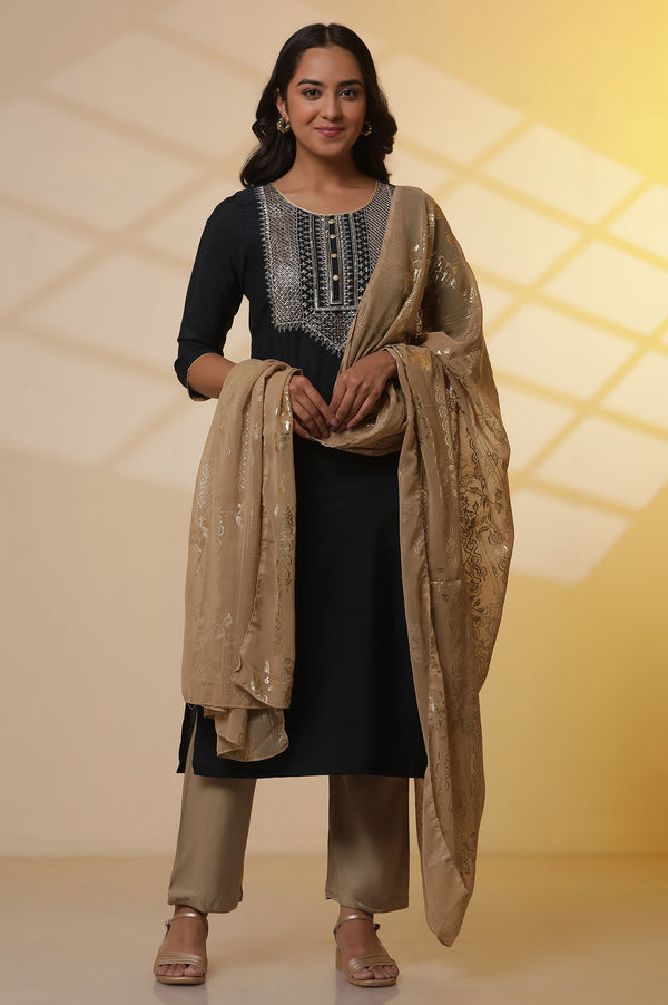 Navy Blue Embroidered Yoke Kurta, Gold Narrow Palazzo and Dupatta Set