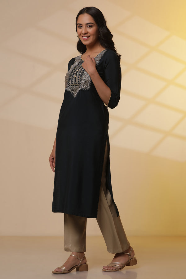 Navy Blue Embroidered Yoke Kurta, Gold Narrow Palazzo and Dupatta Set