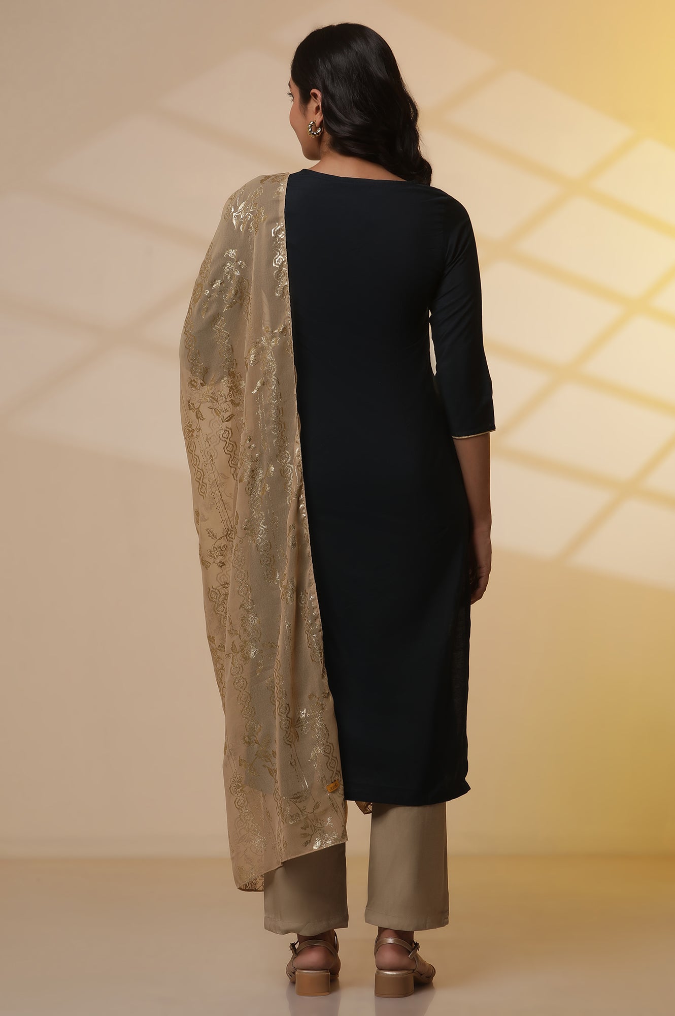 Navy-Blue-Embroidered-Yoke-Kurta,-Gold-Narrow-Palazzo-and-Dupatta-Set