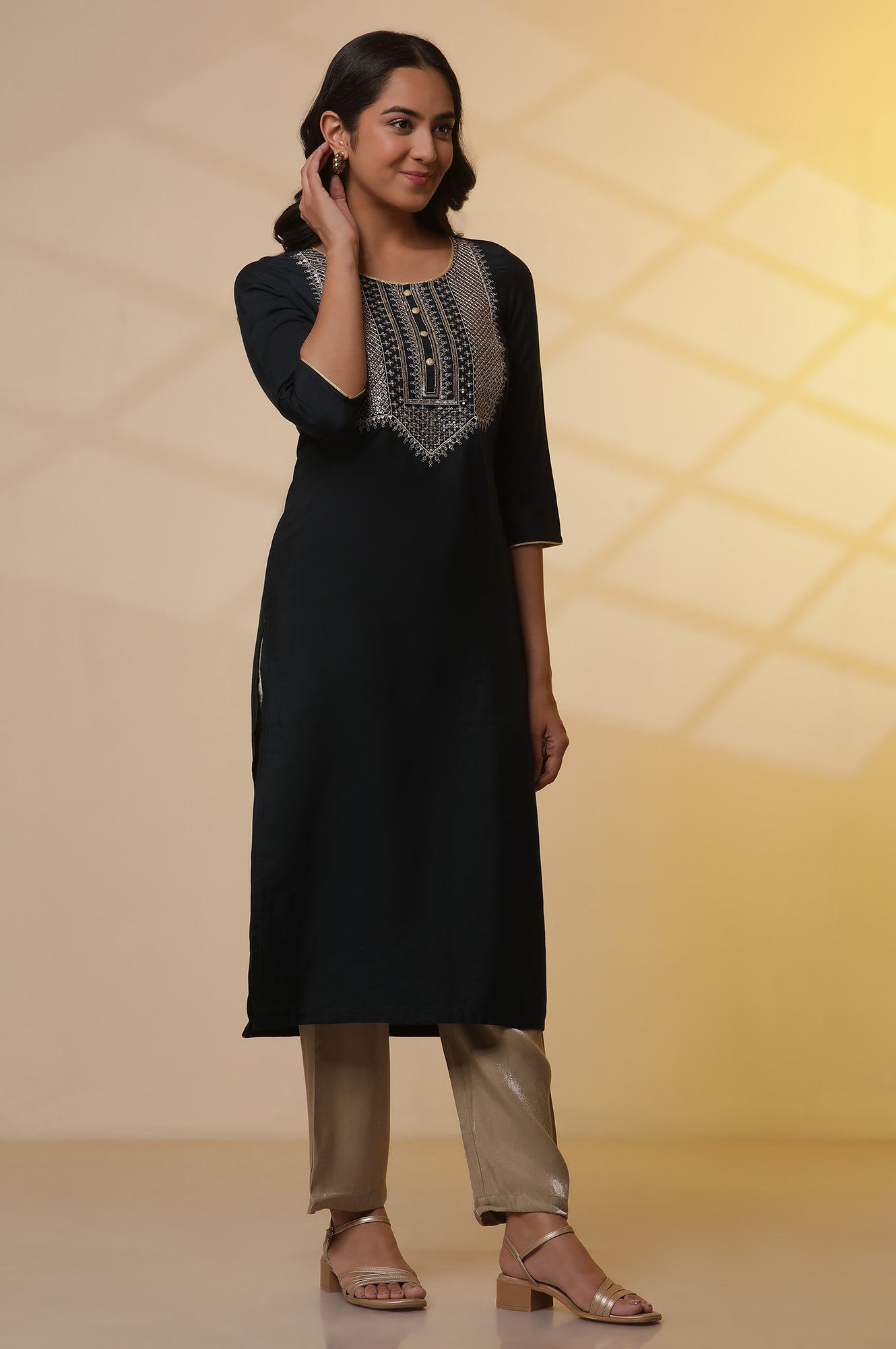 Navy-Blue-Embroidered-Yoke-Kurta,-Gold-Narrow-Palazzo-and-Dupatta-Set