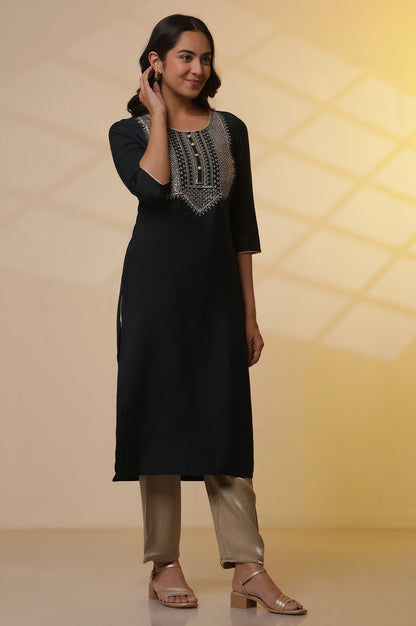 Navy-Blue-Embroidered-Yoke-Kurta,-Gold-Narrow-Palazzo-and-Dupatta-Set