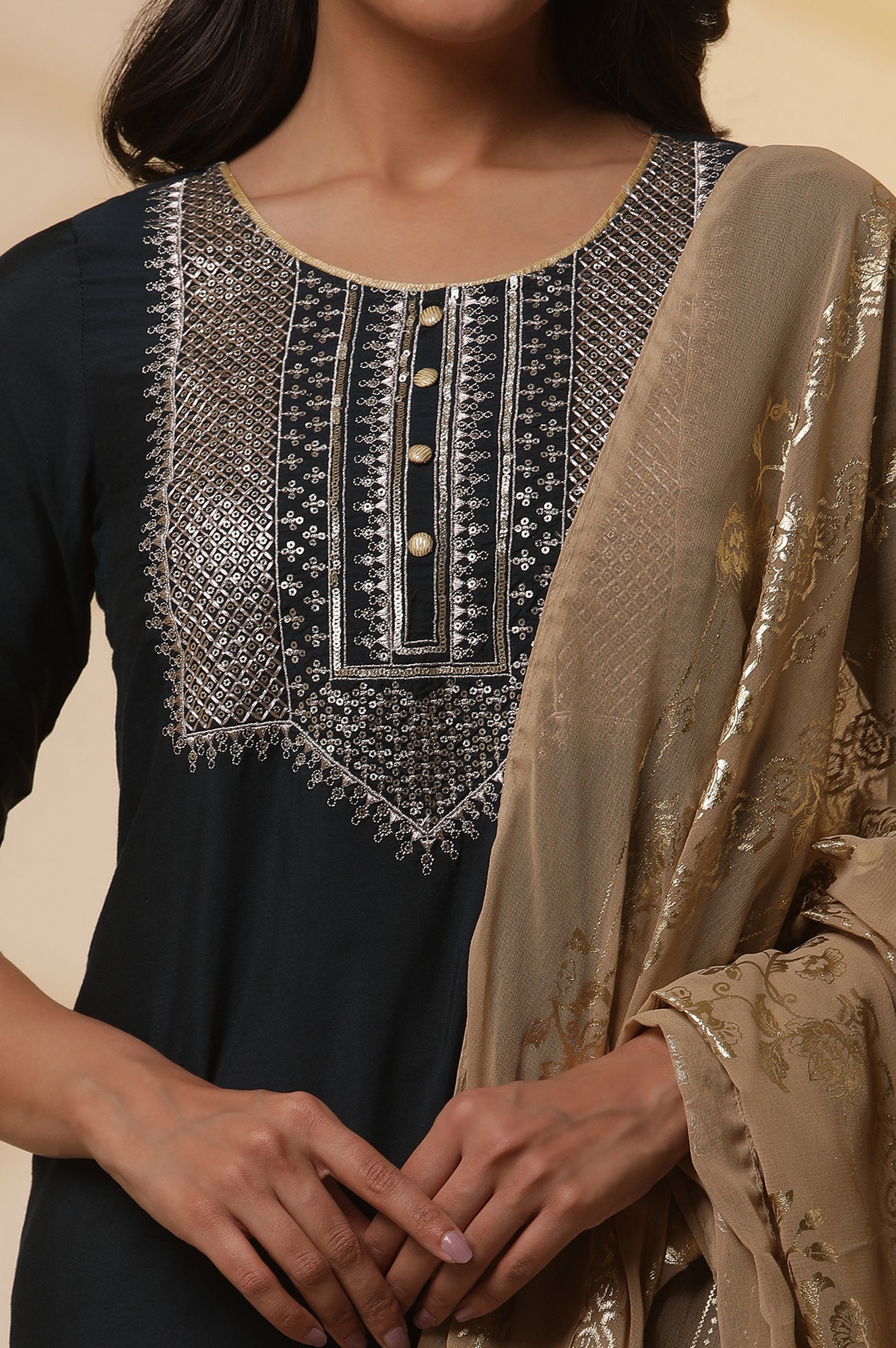 Navy-Blue-Embroidered-Yoke-Kurta,-Gold-Narrow-Palazzo-and-Dupatta-Set