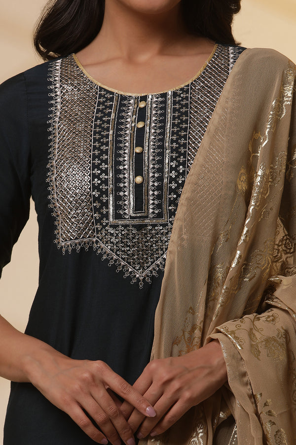 Navy Blue Embroidered Yoke Kurta, Gold Narrow Palazzo and Dupatta Set