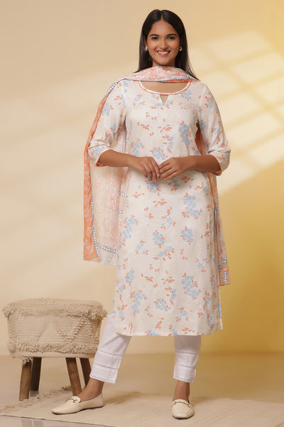 White Floral Printed Straight Kurta, Trousers with Dupatta Set