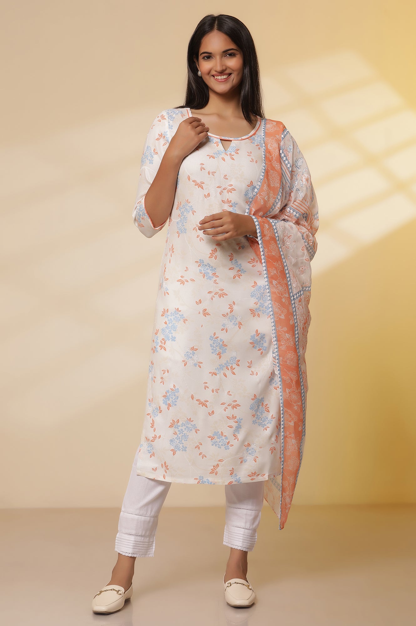 White-Floral-Printed-Straight-Kurta,-Trousers-with-Dupatta-Set