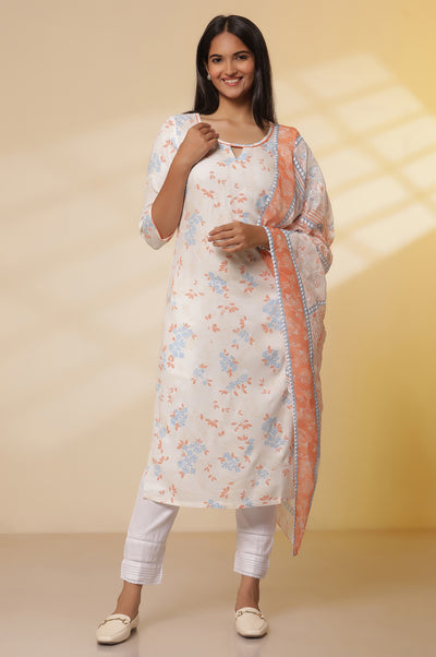 White Floral Printed Straight Kurta, Trousers with Dupatta Set