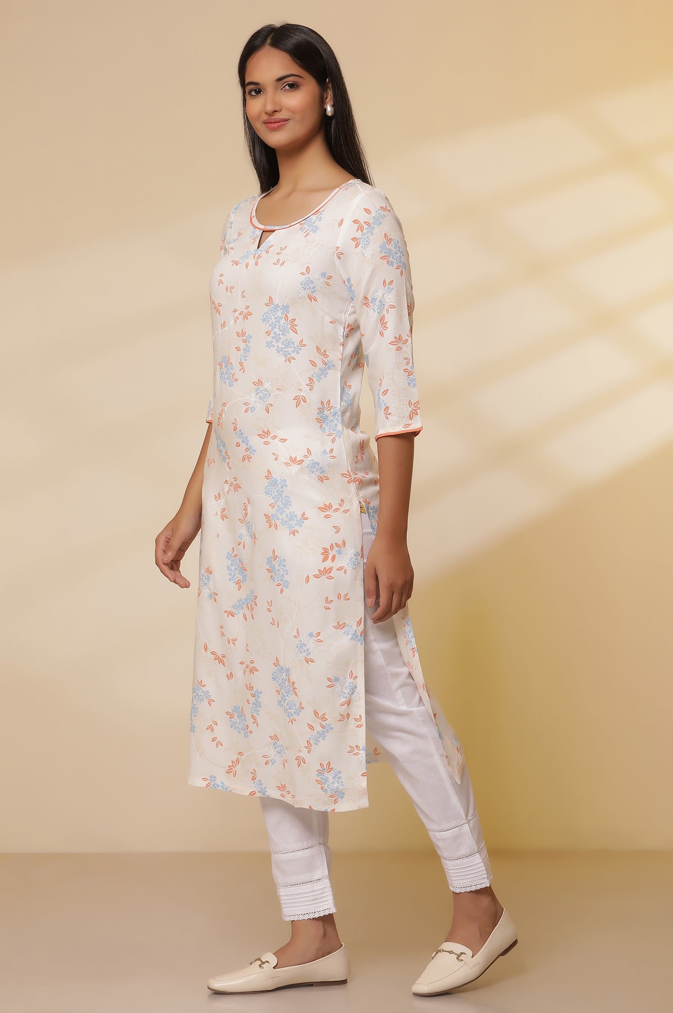 White-Floral-Printed-Straight-Kurta,-Trousers-with-Dupatta-Set