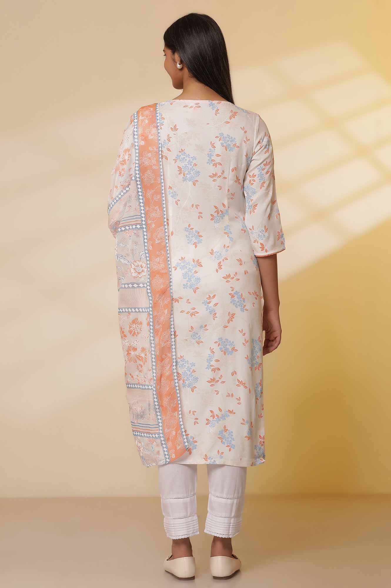 White-Floral-Printed-Straight-Kurta,-Trousers-with-Dupatta-Set