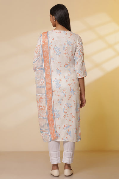 White Floral Printed Straight Kurta, Trousers with Dupatta Set