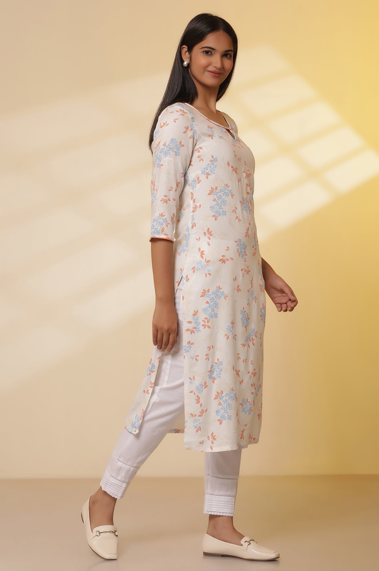 White-Floral-Printed-Straight-Kurta,-Trousers-with-Dupatta-Set